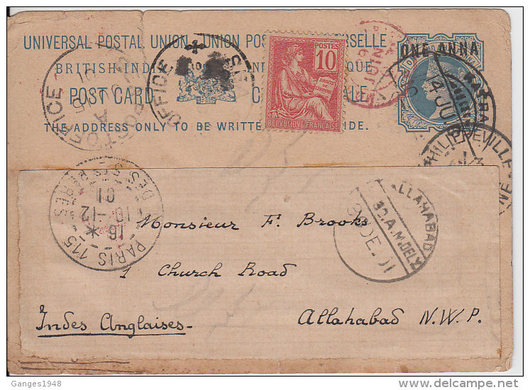 India QV Post Card To FRANCE..RE-DIRECTED TO ALGERIA Again RE-POTED TO INDIA USING FRENCH STAMP  #  02604d  Indien Inde - 1882-1901 Empire