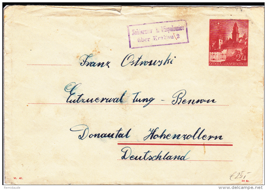 POLOGNE - GOUVERNEMENT GENERAL - 1941 - ENVELOPPE ENTIER POSTAL Avec RARE CACHET De ZABIERZOW Bei NIEPOLOMICE (KRAKAU) - Gouvernement Général