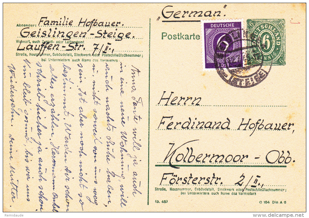 1946 - CARTE ENTIER POSTAL De GEISLINGEN - Postal  Stationery