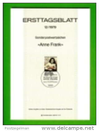 GERMANY, 1979, Ersttagblatt Nr 12,  Anne Frank - Covers & Documents