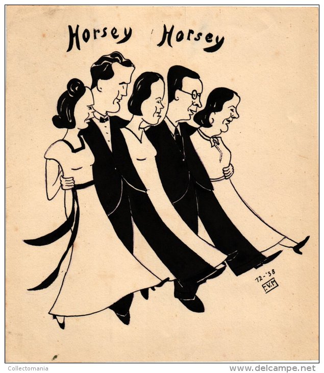 1938 Line Dance KUNST  F.V.M.  Initialen Kunstnaar HORSEY HORSEY Square Dansers  ? -  Strip  Tekening  Chinese Inkt - Litografia