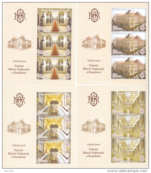 ROMANIA 2013 ARHITECTURE THE NATIONAL BANK OF ROMANIAN PALACE,3X FULL SET + LABELS ,** MNH - Feuilles Complètes Et Multiples
