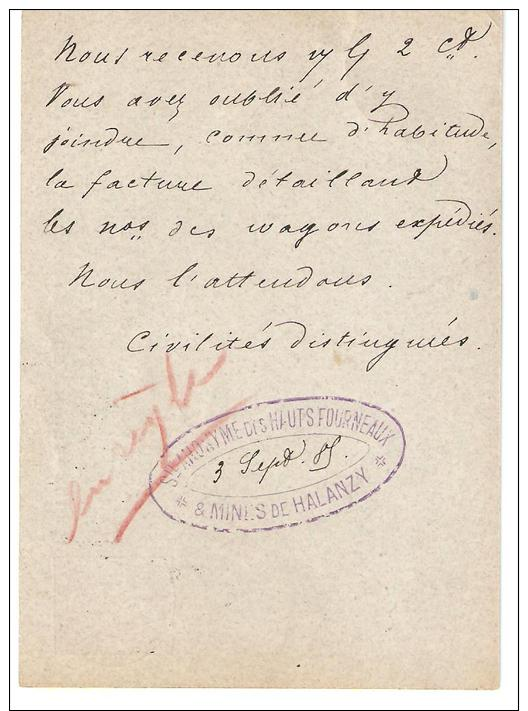 Entier Postale :   Halanzy :Ste Anonyme Des Hauts Fourneaux & Mines  1885 Vers Luxembourg-ville - Aubange