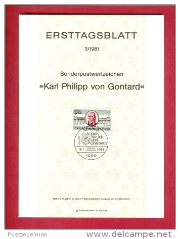 GERMANY-BERLIN 1981, Ersttagblatt Nr. 3, Karl Phillipp Von Gonthard - Covers & Documents