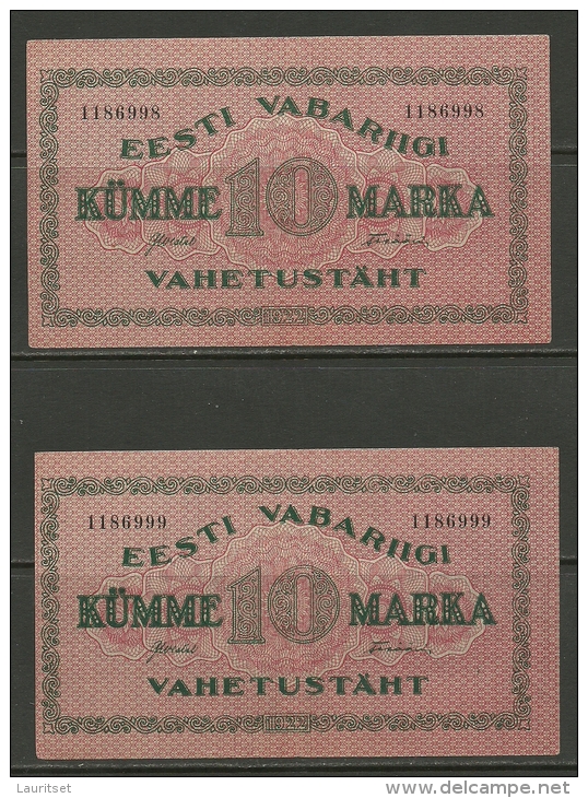 Estland Estonia 10 Marka 1922 - 2 Bank Notes Banknotes With Serial Numbers In The Row - Estland