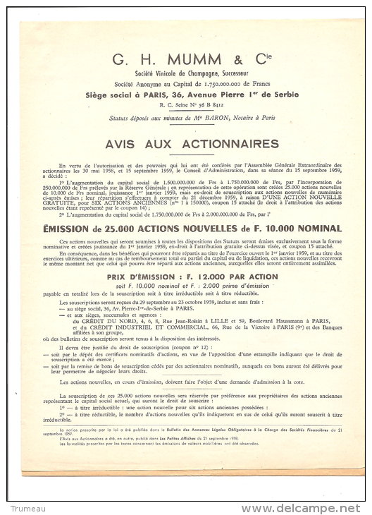 CHAMPAGNE MUMM - AVIS AUX ACTIONNAIRES -EMMISSION D'ACTIONS-SOUSCRIPTION-BILAN AU 31 DECEMBRE 1958 - Agriculture