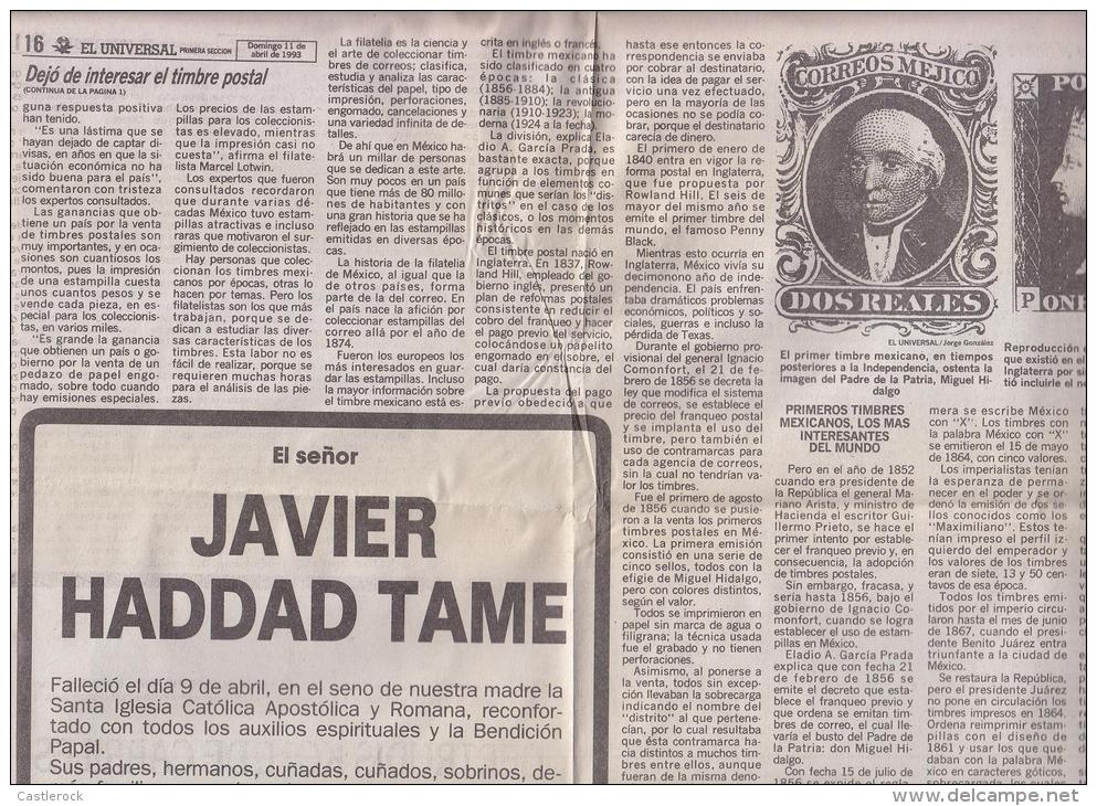 G) 1993 MEXICO, EL UNIVERSAL NEWSPAPER, INTERESTING PHILATELIC ARTICLES, XF - English (from 1941)