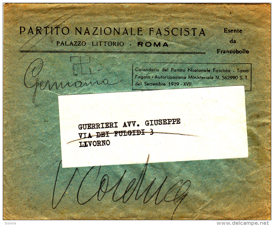 STORIA POSTALE PARTITO NAZIONALE FASCISTA PALAZZO LITTORIO - Portofreiheit