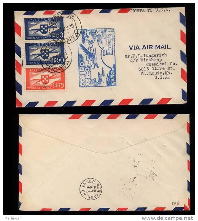 Portugal 1939 Airmail Cover FFC First Flight HORTA ACORES To NEW YORK - Storia Postale