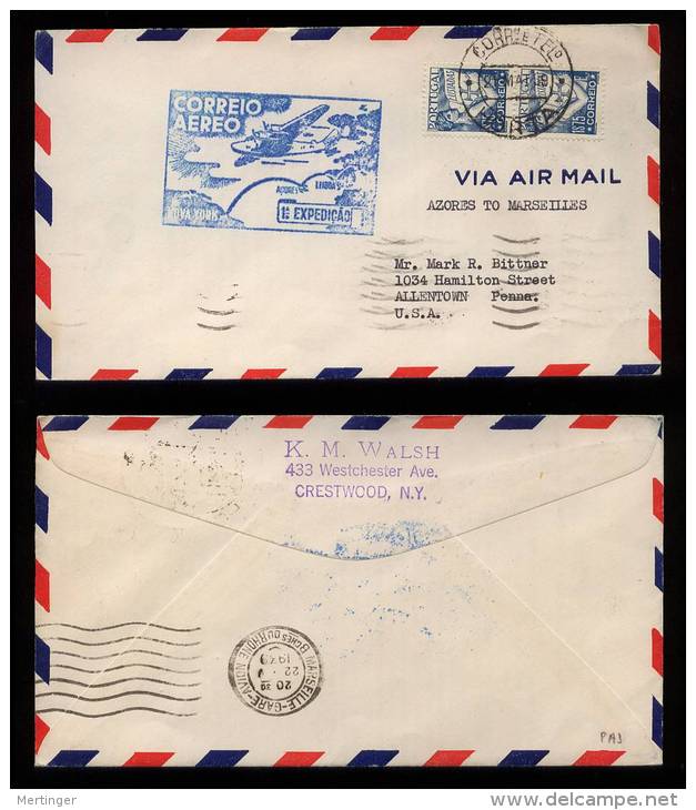 Portugal 1939 Airmail Cover FFC First Flight HORTA ACORES To NEW YORK Via MARSEILLE - Storia Postale