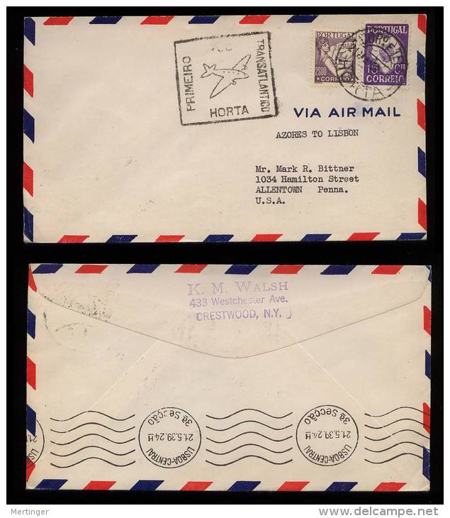 Portugal 1939 Airmail Cover FFC First Flight HORTA ACORES To NEW YORK Via LISBOA - Lettres & Documents