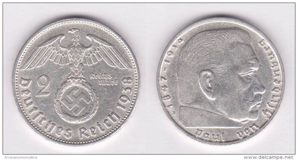 ALEMANIA /GERMANY  III Reich (Nazi)  2 Reichsmark-Plata/Silver  1.938 B  MBC/EBC  VF/XF  KM#93  DL-10.392 - 2 Reichsmark