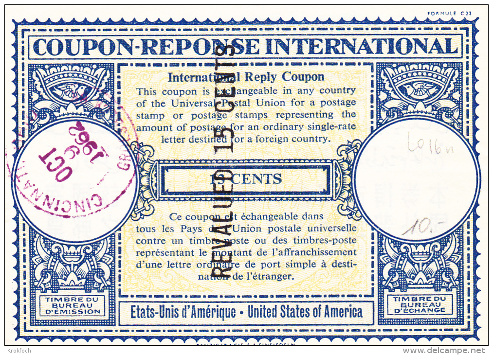 USA 13 Cents Revalued 15 Cents Modèle Londres 16 U 1962 - Coupon-réponse IRC CRI - Reply Coupons