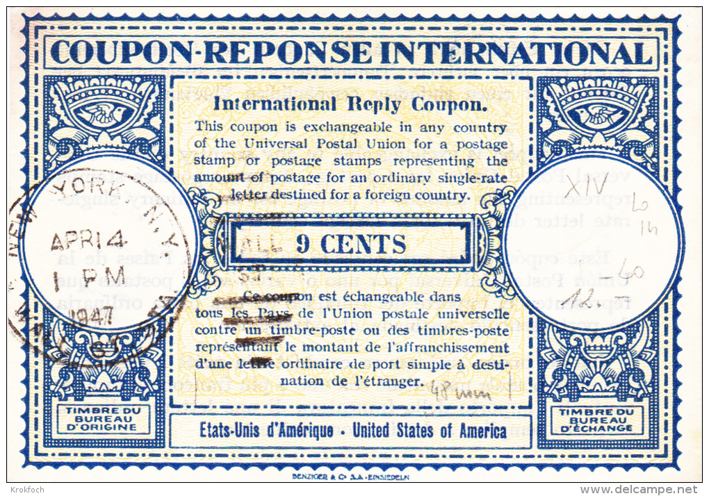 USA 9 Cents Modèle Londres 14 1947 - Coupon-réponse IRC CRI - Coupons-réponse