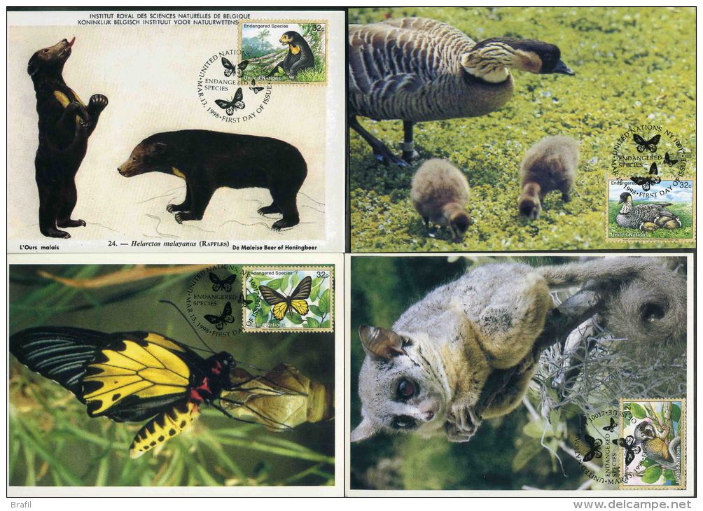 1998 O.N.U. New York, F.D.C. Animali In Perico Estinzione, Serie Completa - Maximum Cards