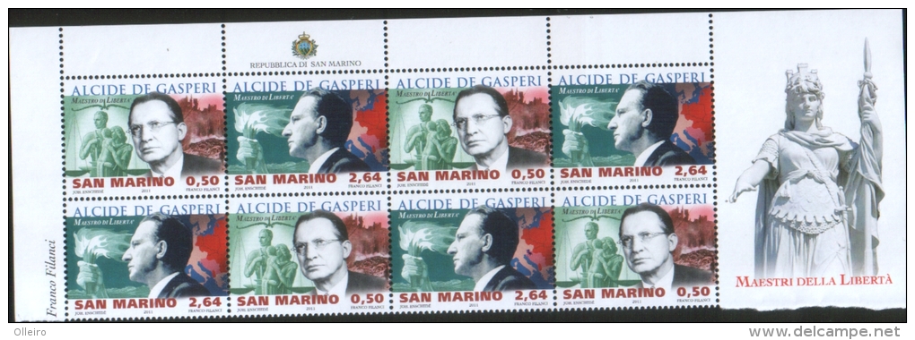 San Marino 2011 Alcide De Gasperi "Maestri Di Libertà" 2v In Dittico Complete Set  In Quartina  ** MNH - Unused Stamps