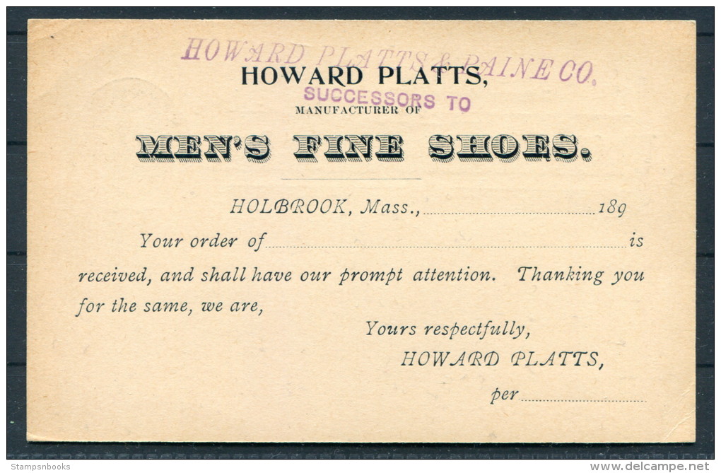 USA Private Postal Stationery Ganzsache Howard Platts &amp; Paine - Holbrook (Mass) Mens Shoes - ...-1900