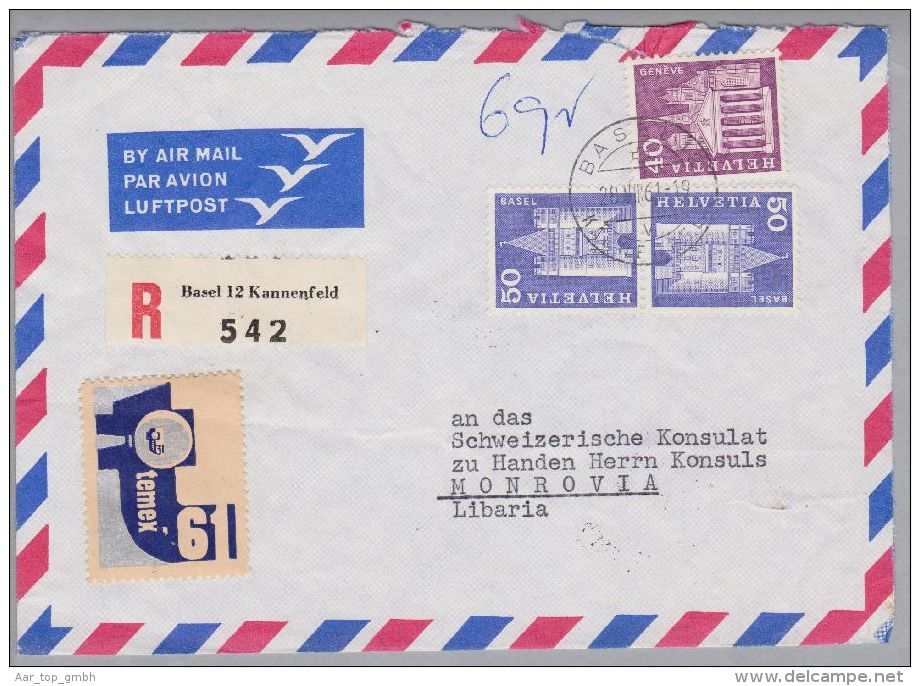 Schweiz Kehrdruck 1961-08-28 Basel R-Luftpostbrief 6gr. Nach Monrovia Liberia - Tête-bêche