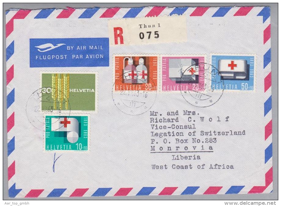 Schweiz Pro Patria 1963-07-22 Thun R-Luftpostbrief Nach Monrovia Liberia - Covers & Documents