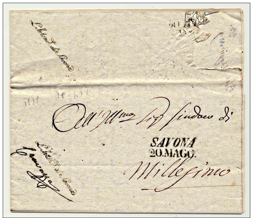 P.R-(314)::PREFILATELICA 1839 DA  SAVONA X  MILLESIMO CON TESTO CARTA INTESTATA NON TASSATA - 1. ...-1850 Prephilately