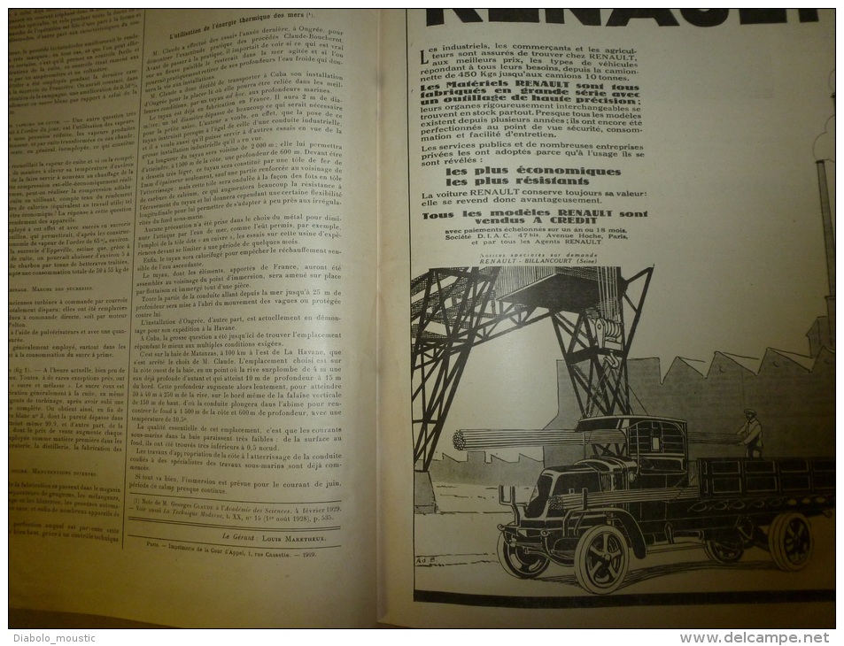 15 mars 1929  LA TECHNIQUE MODERNE  et : Pubs volantes; Les remorques à 16 roues routes et rails; La sphère à diabétique