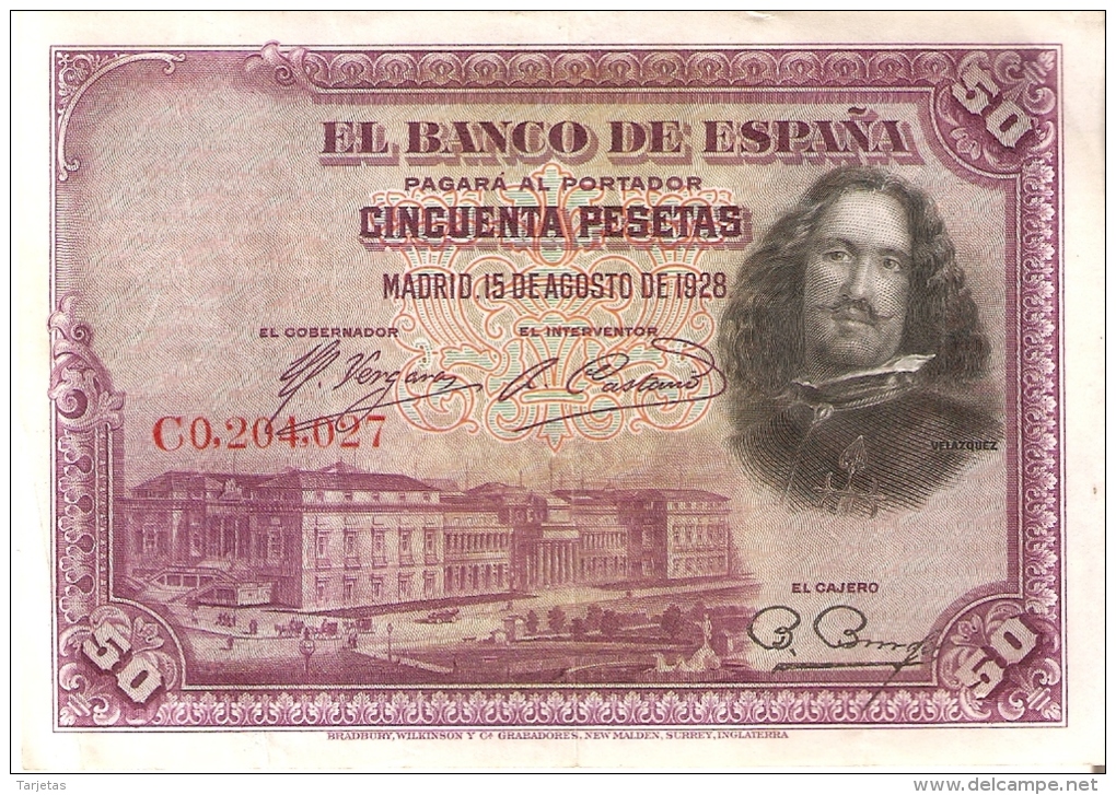 BILLETE DE ESPAÑA DE 50 PTAS DEL AÑO 1928 SERIE C CALIDAD MBC (BANKNOTE) - 50 Pesetas