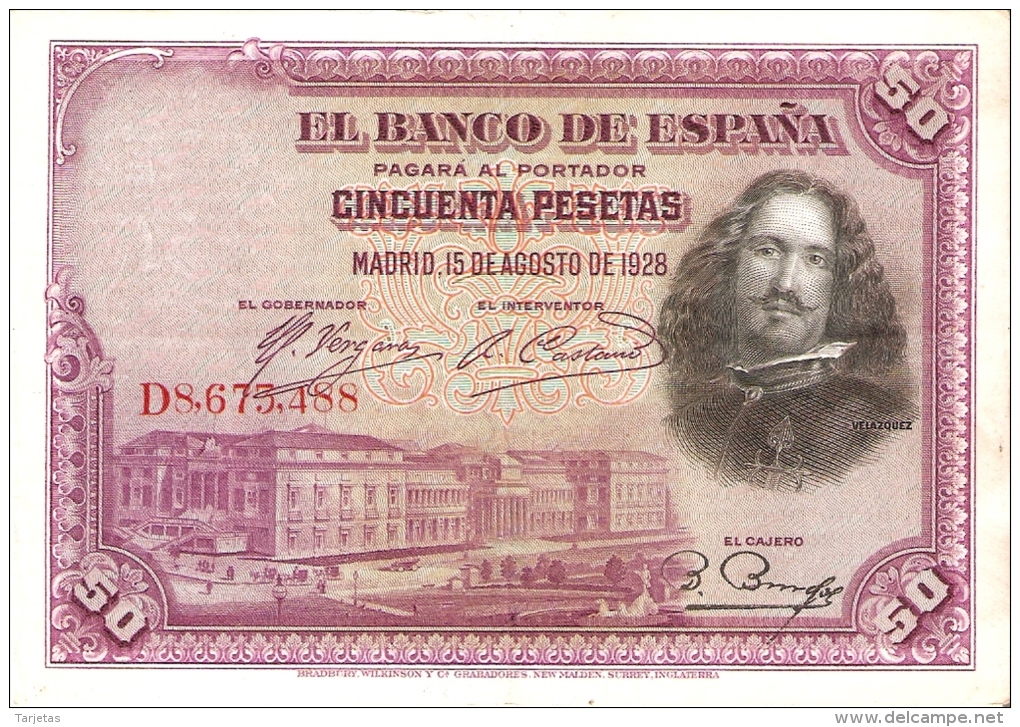 BILLETE DE ESPAÑA DE 50 PTAS DEL AÑO 1928 SERIE D CALIDAD MBC (BANKNOTE) - 50 Pesetas