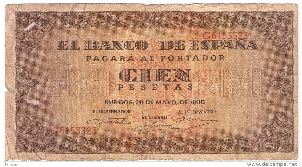 BILLETE DE ESPAÑA DE 100 PTAS 20/05/1938 SERIE G (BANKNOTE) - 100 Pesetas