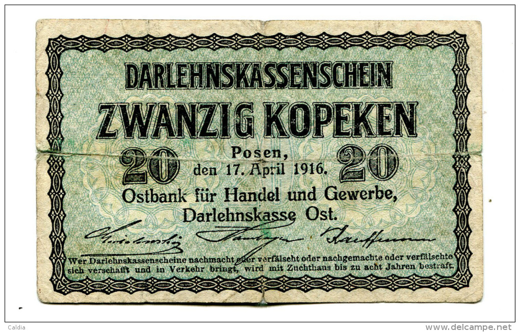 Lituanie Lithuania 20 Kopeken 1916 "" Darlehnskassenschein "" POSEN - Lituanie