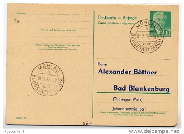 DDR P70 II A Antwort-Postkarte ZUDRUCK BÖTTNER #1 Burgstadt  Mühlau 1962 - Private Postcards - Used