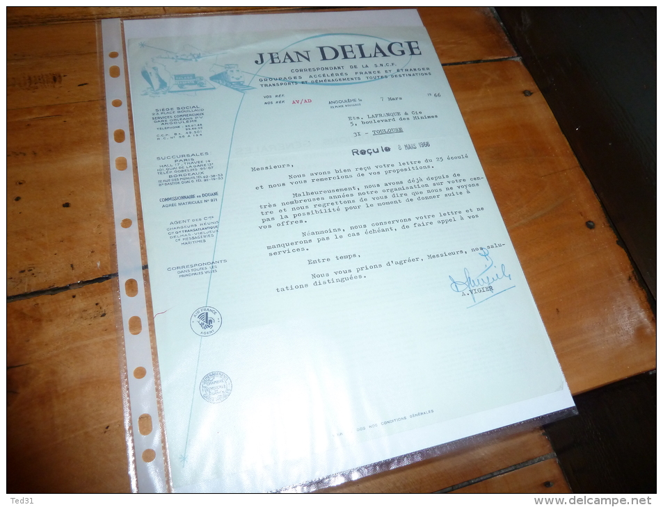 Facture Lettre Commerciale  Transports S N C F Jeab DELAGE Angouleme 23 Place Bouillaud Douane Groupage - Transports