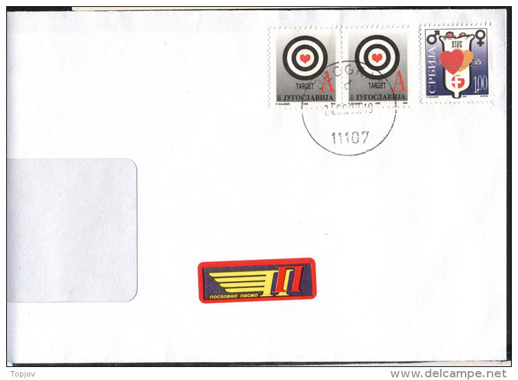 YUGOSLAVIA - JUGOSLAVIA  - REC. LETTER - RED TARGET STAMPS + AIDS TAX - BELGRAD -1999 - RARE - Covers & Documents