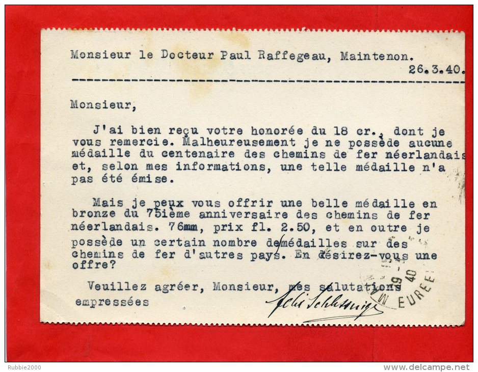 PAYS BAS NEDERLAND 26.03.1940 CARTE AMSTERDAM POUR MAINTENON EURE ET LOIR FRANCE - Lettres & Documents