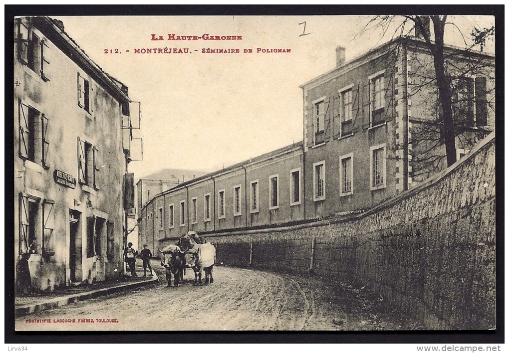 CPA ANCIENNE- FRANCE- MONTRÉJEAU (31)- SEMINAIRE DE POLIGNAN-  ATTELAGE PAIRE DE BOEUFS ET TOMBEREAU DE FUMIER- GROS PLA - Montréjeau