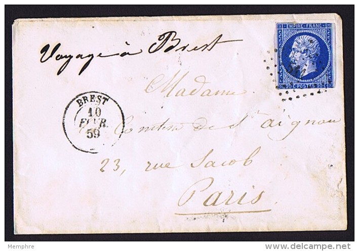 Lettre De Février 1859  De Brest Pour Paris Bleu Ciel Sur Azuré - 1853-1860 Napoleone III