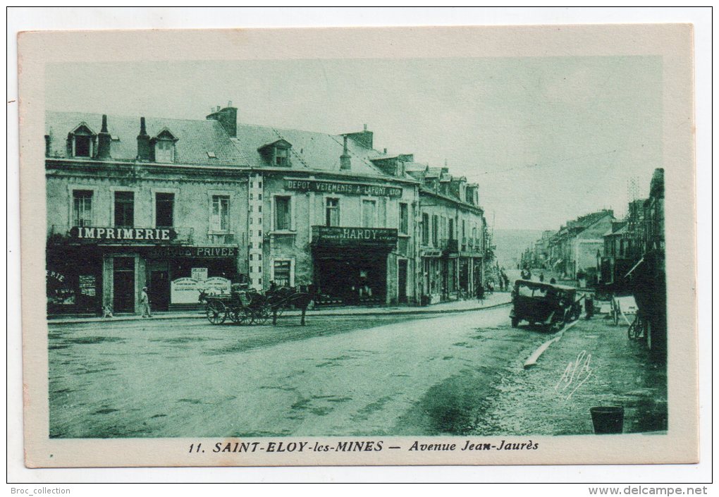 Saint-Eloy-les-Mines, Avenue Jean Jaurès, L. Thévenin, N° 11, Animée, Automobile, Attelage, Imprimerie - Saint Eloy Les Mines