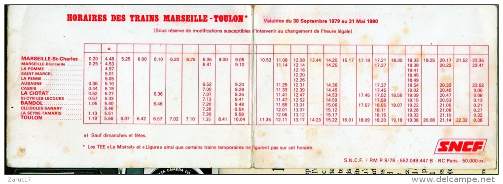 Dépliant HORAIRES SNCF TRAINS MARSEILLE TOULON 1979 1980 ALLER RETOUR RECTO VERSO - Europe