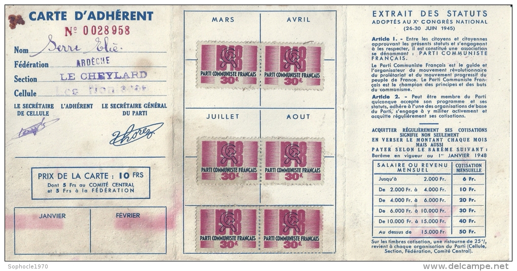 RHONE-ALPES - 07 - ARDECHE - CARTE PARTI COMMUNISTE - 1948 - Section De LE CHEYLARD - Political Parties & Elections