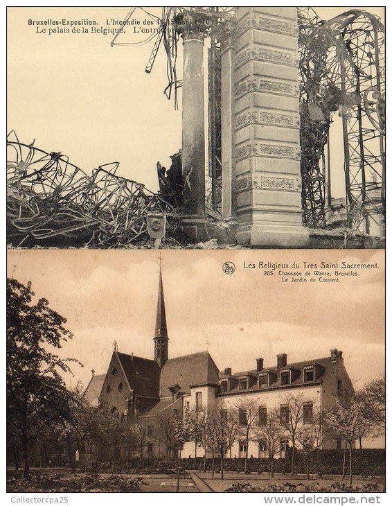 Lot 6 Cpa Bruxelles : Exposition 1910 Incendie Palais Belgique Religieux Du Très Saint Sacrement Chaussée De Wavre ... - Sets And Collections