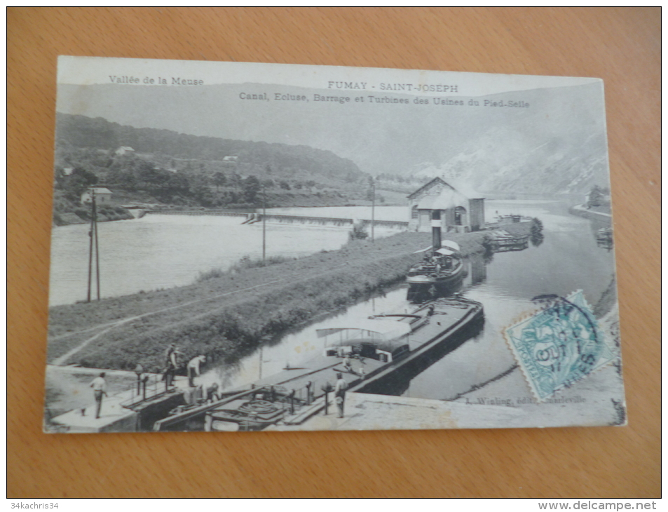 CPA Fumay Sait Joseph. Caal,écluse, Barrage Et Turbines Des Usines Du Pied Selle.Péniche - Fumay