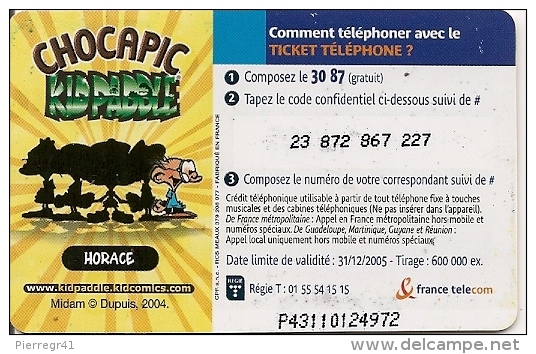 CODECARD-FT-3MN-KIDPADDLE-JAUNE-HORACE GRATTE-V°Petits N°en Biais-31/12/2005-TBE - Tickets FT