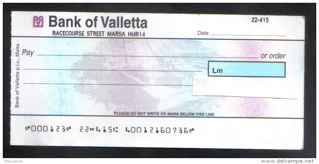 MALTA - BANK OF VALLETTA  LIMITED CHECK 1990s - VERY INTERESTING - - Cheques & Traveler's Cheques