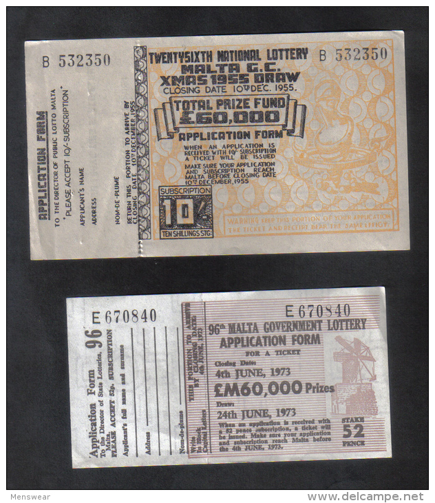 MALTA - 2 OLD LOTTERY TICKETS - 1955 / 1973 - Biglietti Della Lotteria
