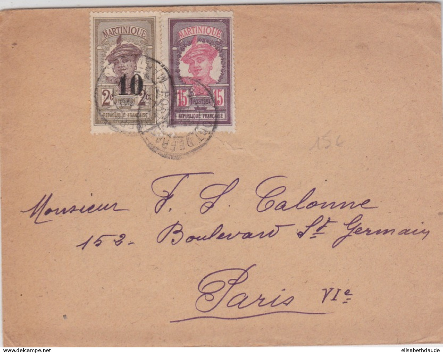 MARTINIQUE - 1920 - ENVELOPPE De FORT DE FRANCE Pour PARIS - TIMBRE SURCHARGE AVEC VARIETE "1" TRONQUE - Cartas & Documentos