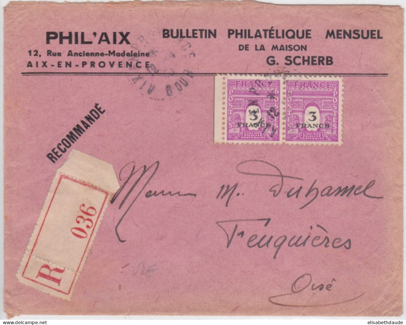 1945 - ENVELOPPE RECOMMANDEE PROVISOIRE De AIX EN PROVENCE Pour FEUQUIERES - ARC DE TRIOMPHE - 1944-45 Triomfboog