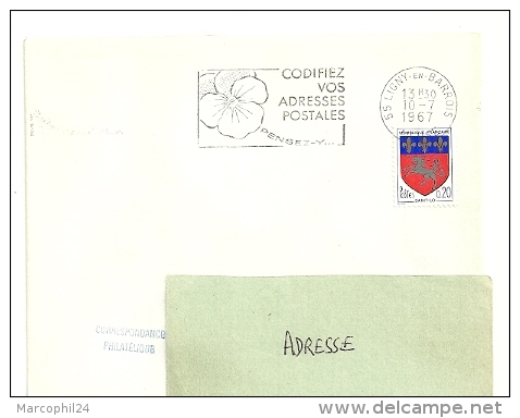 MEUSE - Dépt N° 55 =  LIGNY En BARROIS  1967 = FLAMME Codée = SECAP Multiple ' PENSEZ + CODIFIEZ' = Pensée N° 1 - Zipcode