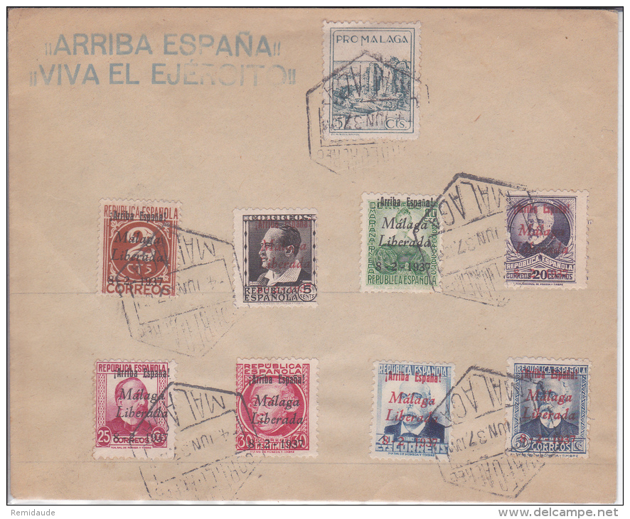ESPAGNE - 1937 - ENVELOPPE De MALAGA Avec TIMBRES LOCAUX NATIONALISTES "ARRIBA ESPANA" + VIGNETTE LOCALE - Nationalistische Uitgaves
