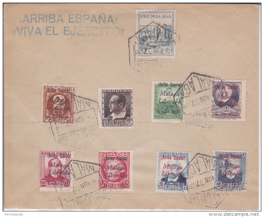 ESPAGNE - 1937 - ENVELOPPE De MALAGA Avec TIMBRES LOCAUX NATIONALISTES "ARRIBA ESPANA" + VIGNETTE LOCALE - Emissioni Nazionaliste