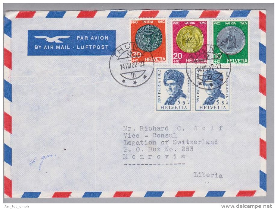 Schweiz Pro Patria 1962-08-14 Thun Luftpostbrief 4gr. Nach Monrovia Liberia Ans Konsulat - Briefe U. Dokumente