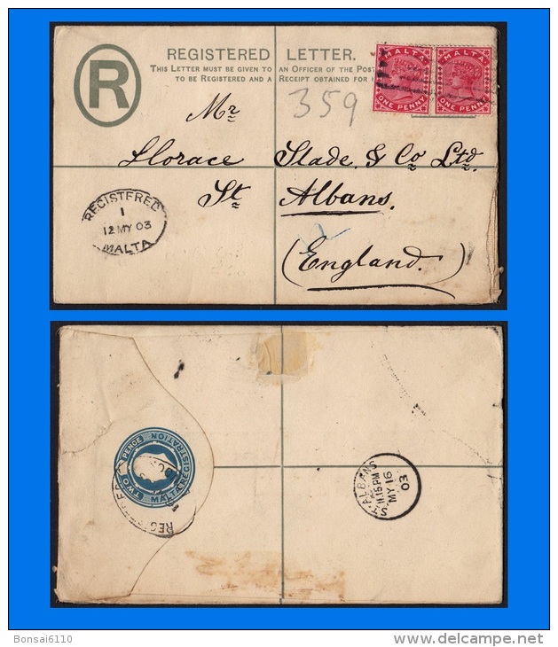 MT 1903-0001, KEVII 2d Green Embossed Registered Cover Letter To England,  Uprated With Two QV Penny Red - Malte (...-1964)